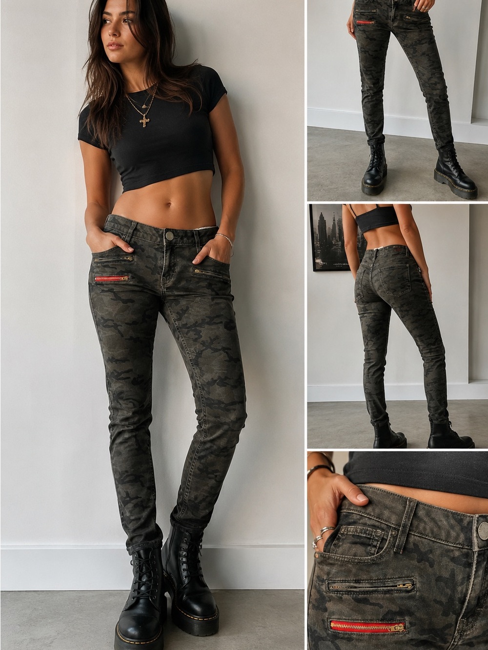 Etienne Marcel Camo Skinny Jeans Red Zipโ Moto Detail Stretch Pants Army
